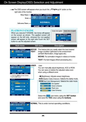 Page 14On Screen Display(OSD) Selection and Adjustment 
A13
Icons
Menu Name
Sub-menu Name
Main menu Sub menu Description
To adjust the USER sub-menu function,
Press the  SET Button
MOVIE
TEXT
NORMAL
BRIGHTNESS
ACE
1
2RCM
SAVE
USER
USER
When you execute F-ENGINE, two tones will appear
on the screen as shown. The applied screen will
appear on the left side, whereas the non-applied
screen will appear on the right side.Touch the SET
button to use the adjusted screen.
FLATRON F-ENGINEScreen when applied Screen when...