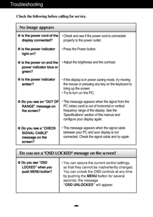 Page 15A14
Troubleshooting
No image appears
Check the following before calling for service.
No image appears
Do you see a OSD LOCKED message on the screen?
●Is the power cord of the
display connected?
● Is the power indicator
light on?
● Is the power on and the
power indicator blue or
green?
● Is the power indicator
amber?
● Do you see an "OUT OF
RANGE" message on
the screen?
● Do you see a "CHECK
SIGNAL CABLE"
message on the
screen?• Check and see if the power cord is connected
properly to the...