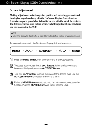 Page 12A11
On Screen Display (OSD) Control Adjustment
Screen Adjustment
Making adjustments to the image size, position and operating parameters \
of
the display is quick and easy with the On Screen Display Control system. 
A short example is given below to familiarize you with the use of the co\
ntrols.
The following section is an outline of the available adjustments and sel\
ections
you can make using the OSD.
To make adjustments in the On Screen Display, follow these steps:
Press the MENU Button , then the...