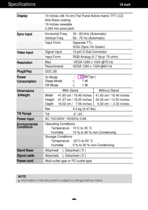 Page 22A21
Specifications                                                                    19 inch
NOTE
Information in this document is subject to change without notice.
Display
Sync Input
Video Input
Resolution
Plug&Play
Power
Consumption
Dimensions
&Weight
Tilt Range
Power Input
Environmental
Conditions
Stand Base
Signal cable
Power cord 19 inches (48.19 cm) Flat Panel Active matrix-TFT LCD 
Anti-Glare coating
19 inches viewable
0.294 mm pixel pitch
Horizontal Freq. 30 - 83 kHz (Automatic)
Vertical Freq. 56...