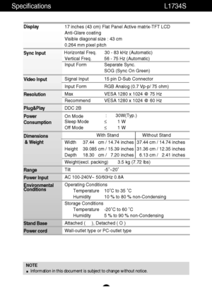 Page 19A18A18
Specifications                                                                L1734S
NOTE
Information in this document is subject to change without notice.
Display
Sync Input
Video Input
Resolution
Plug&Play
Power
Consumption
Dimensions
& Weight
Range
Power Input
Environmental
Conditions
Stand Base
Power cord 17 inches (43 cm) Flat Panel Active matrix-TFT LCD 
Anti-Glare coating
Visible diagonal size : 43 cm
0.264 mm pixel pitch
Horizontal Freq. 30 - 83 kHz (Automatic)
Vertical Freq. 56 - 75 Hz...