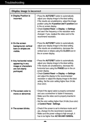 Page 21A20
Troubleshooting
Display image is incorrect
Display Position is
incorrect.
On the screen
background, vertical
bars or stripes are
visible.
Any horizontal noise
appearing in any
image or characters
are not clearly
portrayed.
The screen color is
mono or abnormal.
The screen blinks.• Press the AUTO/SETbutton to automatically
adjust your display image to the ideal setting. 
If the results are unsatisfactory, adjust the image
position using the H position and V positionicon
in the on screen display.
•...