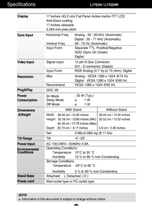 Page 23A22A22
Specifications                                           L1753H / L1753HR
Display
Sync Input
Video Input
Resolution
Plug&Play
Power
Consumption
Dimensions
&Weight
Tilt Range
Power Input
Environmental
Conditions
Stand Base 
Power cord 
NOTE
Information in this document is subject to change without notice.
17 inches (43.2 cm) Flat Panel Active matrix-TFT LCD 
Anti-Glare coating
17 inches viewable
0.264 mm pixel pitch
Horizontal Freq. Analog : 30 - 83 kHz (Automatic)
Digital : 30 - 71 kHz...