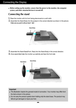 Page 4Connecting the Display
A3
Important
This illustration depicts the general model of connection. Your monitor may differ from
the items shown in the picture.
Do not carry the product upside down holding only the stand base. The product may
fall and get damaged or injure your foot.
Before setting up the monitor, ensure that the power to the monitor, the computer
system, and other attached devices is turned off.
Connecting the stand 
1. Place the monitor with its front facing downward on a soft cloth....