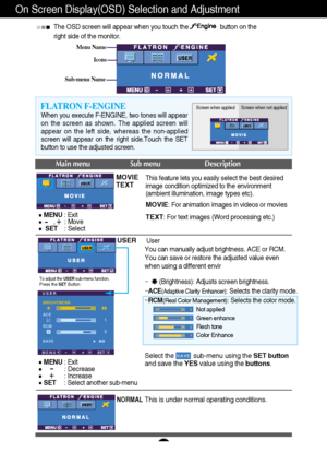 Page 14A13
On Screen Display(OSD) Selection and Adjustment 
Icons
Menu Name
Sub-menu Name
Main menu Sub menu Description
To adjust the USER sub-menu function,
Press the  SET Button
MOVIE 
TEXT
NORMAL
BRIGHTNESS 
ACE
1
2RCM 
SAVE
USER
MENU SET
USER
When you execute F-ENGINE, two tones will appear 
on the screen as shown. The applied screen will
appear on the left side, whereas the non-applied
screen will appear on the right side.Touch the SET
button to use the adjusted screen.
FLATRON F-ENGINEScreen when applied...