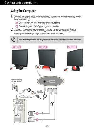 Page 4A3
Connect with a computer.
Using the Computer
1.Connect the signal cable. When attached, tighten the thumbscrews to secure
the connection.
Connecting with DVI-Analog signal input cable  
Connecting with DVI-Digital signal input cable
2.Use after connecting power cable      to AC-DC power adapter      and
inserting it into outlet(Voltage is automatically controlled.)
When connecting 
to a wall concent
When connecting to a PC
3
1
2AC/DC 
adapter
L1900EL1900JL1900R
 

# 
#


 

# 
#
Product color...