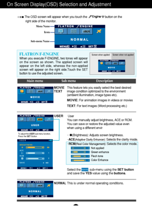 Page 17A16
On Screen Display(OSD) Selection and Adjustment 
Icons
Menu Name
Sub-menu Name
Main menu Sub menu Description
To adjust the USER sub-menu function,
Press the SET Button
MOVIE
TEXT
NORMAL
BRIGHTNESS
ACE
1
2RCM
SAVE
USER
USER
When you execute F-ENGINE, two tones will appear
on the screen as shown. The applied screen will
appear on the left side, whereas the non-applied
screen will appear on the right side.Touch the SET
button to use the adjusted screen.
FLATRON F-ENGINEScreen when applied Screen when...