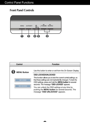 Page 9A8
Control Function
Control Panel Functions
MENU ButtonUse this button to enter or exit from the On Screen Display.
OSD LOCKED/UNLOCKED
This function allows you to lock the current control settings, so
that these settings are not inadvertently changed. To lock the
OSD settings, press and hold the MENU buttonfor several
seconds. The message " OSD LOCKED" appears.
You can unlock the OSD settings at any time by
pushing the  MENU button for several seconds. The
message " OSD UNLOCKED "...