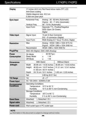 Page 20A19
Specifications L1742P/L1742PQ
NOTEInformation in this document is subject to change without notice.
Display
Sync Input
Video Input
Resolution
Plug&Play
Power
Consumption
Dimensions&Weight
Tilt Range
Power Input
Environmental
Conditions
Stand Base
Signal cable
Power cord 17 inches (43.2 cm) Flat Panel Active matrix-TFT LCD 
Anti-Glare coating
Visible diagonal size: 
43.2cm
0.264 mm pixel pitch
Horizontal Freq.      Analog : 30 - 83 kHz (Automatic) D i g i t a l : 30 - 71 kHz (Automatic)
Vertical Freq....