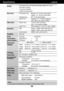 Page 22A21
Specifications                                                          \
         L194WTM
Display
Sync Input
Video Input
Resolution
Plug&Play
Power
Consumption
(without speaker)
Dimensions&Weight
Tilt Range
Power Input
Environmental
Conditions
Stand Base 
Signal cable
Power cord 
19 inches (48.2 cm) Flat Panel Active matrix-TFT LCD 
Anti-Glare coating
19 inches viewable
0.2835  mm pixel pitch
Horizontal Freq. Analog : 30 - 83 kHz (Automatic) Digital : 30 - 83 kHz (Automatic)
Vertical Freq. 56 - 75...