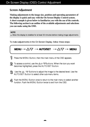 Page 14A13
On Screen Display (OSD) Control Adjustment
Screen Adjustment
Making adjustments to the image size, position and operating parameters of
the display is quick and easy with the On Screen Display Control system. 
A short example is given below to familiarize you with the use of the controls.
The following section is an outline of the available adjustments and selections
you can make using the OSD.
To make adjustments in the On Screen Display, follow these steps:
Press the MENU Button, then the main menu...