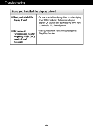 Page 22A21
Troubleshooting
Have you installed the display driver?
Have you installed the
display driver?
Do you see an
"Unrecognized monitor,
Plug&Play (VESA DDC)
monitor found"
message?
• Be sure to install the display driver from the display
driver CD (or diskette) that comes with your
display. Or, you can also download the driver from
our web site: http://www.lge.com.
• Make sure to check if the video card supports
Plug&Play function.
*ownloadedMfromM•anual•onitorvcomM•anuals 