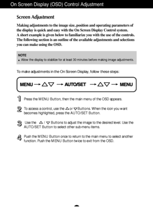 Page 11A10
On Screen Display (OSD) Control Adjustment
Screen Adjustment
Making adjustments to the image size, position and operating parameters of
the display is quick and easy with the On Screen Display Control system. 
A short example is given below to familiarize you with the use of the controls.
The following section is an outline of the available adjustments and selections
you can make using the OSD.
To make adjustments in the On Screen Display, follow these steps:
Press the MENU Button, then the main menu...