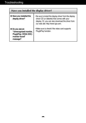 Page 19A18
Troubleshooting
Have you installed the display driver?
Have you installed the
display driver?
Do you see an
"Unrecognized monitor,
Plug&Play (VESA DDC)
monitor found"
message?
• Be sure to install the display driver from the display
driver CD (or diskette) that comes with your
display. Or, you can also download the driver from
our web site: http://www.lge.com.
• Make sure to check if the video card supports
Plug&Play function.
6ownloadedHfromH@anual@onitor)comH@anuals 