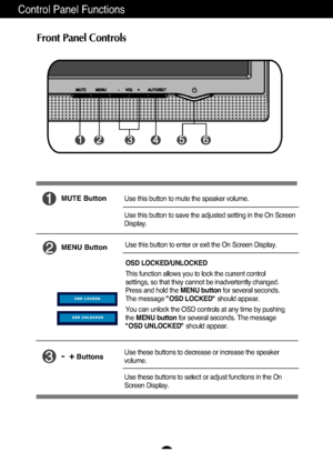 Page 8A7
-+ ButtonsUse these buttons to decrease or increase the speaker
volume.
Use these buttons to select or adjust functions in the On
Screen Display.
MUTE ButtonUse this button to mute the speaker volume.
Use this button to save the adjusted setting in the On Screen
Display.
Control Panel Functions
MENU ButtonUse this button to enter or exit the On Screen Display.
OSD LOCKED/UNLOCKED
This function allows you to lock the current control
settings, so that they cannot be inadvertently changed.
Press and hold...