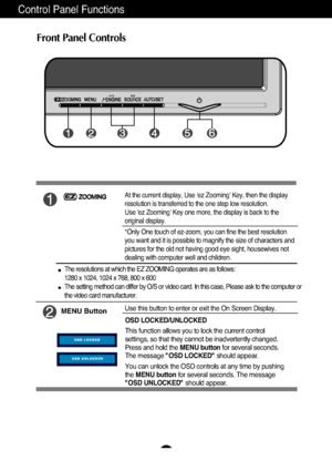 Page 8A7
Control Panel Functions
At the current display, Use 'ez Zooming' Key, then the display
resolution is transferred to the one step low resolution.
Use 'ez Zooming' Key one more, the display is back to the
original display.
*Only One touch of ez-zoom, you can fine the best resolution
you want and it is possible to magnify the size of characters and
pictures for the old not having good eye sight, housewives not
dealing with computer well and children.
The resolutions at which the EZ...