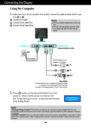 Page 7A6
Connecting the Display
2
Using the Computer
1.Make sure to turn off the computer and  product. Connect the cable as below sketch map
form to .
Wall-outlet type
MAC
Power Cord12
Mac adapterFor Apple Macintosh use, a  separate plug adapter is needed
to change the 15 pin high density (3 row) D-sub VGA
connector on the supplied cable to a 15 pin  2 row connector.
2.Press        button on the side switch panel to turn the
power on. When monitor power is turned on, the 
Self Image Setting Function is...