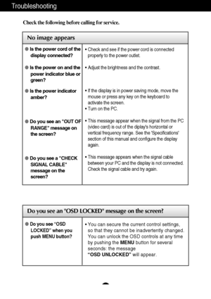 Page 18A17
Troubleshooting
No image appears
Check the following before calling for service.
No image appears
Do you see an OSD LOCKED message on the screen?
Is the power cord of the
display connected?
Is the power on and the
power indicator blue or
green?
Is the power indicator
amber?
Do you see an OUT OF
RANGE message on
the screen?
Do you see a CHECK
SIGNAL CABLE
message on the
screen?• Check and see if the power cord is connected
properly to the power outlet.
• Adjust the brightness and the contrast.
•...