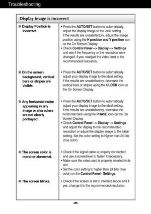 Page 19A18
Troubleshooting
Display image is incorrect
Display Position is
incorrect.
On the screen
background, vertical
bars or stripes are
visible.
Any horizontal noise
appearing in any
image or characters
are not clearly
portrayed.
The screen color is
mono or abnormal.
The screen blinks.• Press the AUTO/SETbutton to automatically
adjust the display image to the ideal setting. 
If the results are unsatisfactory, adjust the image
position using the H position and V positionicon
on the On Screen Display.
•...