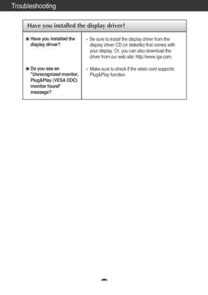 Page 17A16
Troubleshooting
Have you installed the display driver?
Have you installed the
display driver?
Do you see an
"Unrecognized monitor,
Plug&Play (VESA DDC)
monitor found"
message?
Be sure to install the display driver from the
display driver CD (or diskette) that comes with
your display. Or, you can also download the
driver from our web site: http://www.lge.com.
Make sure to check if the video card supports
Plug&Play function.
 