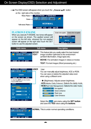 Page 18
A17
On Screen Display(OSD) Selection and Adjustment 
Icons
Menu Name
Sub-menu Name
Main menu Sub menu Description
To adjust the USER sub-menu function,
Press the  SET Button

MOVIE
TEXT
NORMAL

USER

When you execute F-ENGINE, two tones will appear
on the screen as shown. The applied screen will
appear on the left side, whereas the non-applied
screen will appear on the right side.Touch the SET
button to use the adjusted screen.
FLATRON F-ENGINE
Screen when applied Screen when not applied
The OSD screen...