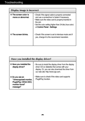 Page 19A18
Troubleshooting
Have you installed the display driver?
Have you installed the
display driver?
Do you see an
"Unrecognized monitor,
Plug&Play (VESA DDC)
monitor found"
message?
• Be sure to install the display driver from the display
driver CD (or diskette) that comes with your
display. Or, you can also download the driver from
our web site: http://www.lge.com.
• Make sure to check if the video card supports
Plug&Play function.
Display image is incorrect
The screen color is
mono or...