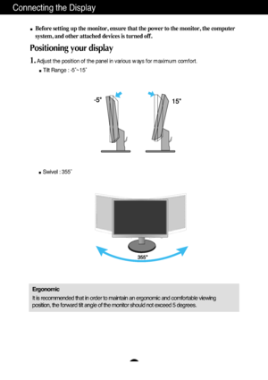 Page 6A5
Connecting the Display
Before setting up the monitor, ensure that the power to the monitor, the computer
system, and other attached devices is turned off. 
Positioning your display
1.Adjust the position of the panel in various ways for maximum comfort.
Tilt Range : -5˚~15˚                            
Ergonomic
It is recommended that in order to maintain an ergonomic and comfortable viewing
position, the forward tilt angle of the monitor should not exceed 5 degrees.
Swivel : 355˚   
 