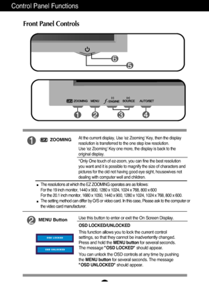 Page 8A7
Control Panel Functions
ZOOMINGAt the current display, Use 'ez Zooming' Key, then the display
resolution is transferred to the one step low resolution.
Use 'ez Zooming' Key one more, the display is back to the
original display.
*Only One touch of ez-zoom, you can fine the best resolution
you want and it is possible to magnify the size of characters and
pictures for the old not having good eye sight, housewives not
dealing with computer well and children.
The resolutions at which the EZ...