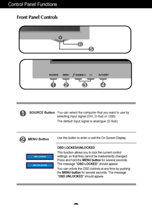 Page 12
A11
You can select the computer that you want to use by
selecting input signal (DVI, D-Sub or USB). 
The default input signal is analogue (D-Sub).
Control Panel Functions

MENU ButtonUse this button to enter or exit the On Screen Display.

OSD LOCKED/UNLOCKED
This function allows you to lock the current control
settings, so that they cannot be inadvertently changed.
Press and hold the MENU buttonfor several seconds.
The message  OSD LOCKED should appear.
You can unlock the OSD controls at any time by...