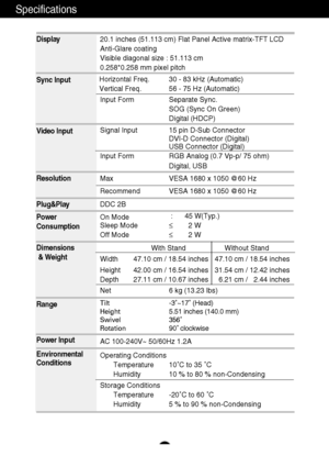 Page 24
A23
Specifications                                                          \
   
Display
Sync Input
Video Input
Resolution
Plug&Play
Power
Consumption
Dimensions& Weight
Range
Power Input
Environmental
Conditions20.1 inches (51.113 cm) Flat Panel Active matrix-TFT LCD 
Anti-Glare coating
Visible diagonal size : 51.113 cm
0.258*0.258 mm pixel pitch
Horizontal Freq. 30 - 83 kHz (Automatic)
Vertical Freq. 56 - 75 Hz (Automatic) Input Form Separate Sync. SOG (Sync On Green) 
Digital (HDCP)
Signal Input 15...