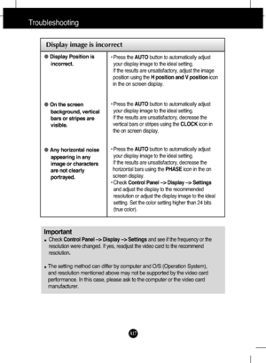 Page 18A17
Troubleshooting
Display image is incorrect
●Display Position is
incorrect.
●On the screen
background, vertical
bars or stripes are
visible.
●Any horizontal noise
appearing in any
image or characters
are not clearly
portrayed.• Press the AUTObutton to automatically adjust
your display image to the ideal setting. 
If the results are unsatisfactory, adjust the image
position using the H position and V positionicon
in the on screen display.
• Press the AUTObutton to automatically adjust
your display...