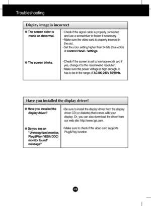 Page 19A18
Troubleshooting
Have you installed the display driver?
●Have you installed the
display driver?
●Do you see an
"Unrecognized monitor,
Plug&Play (VESA DDC)
monitor found"
message?
• Be sure to install the display driver from the display
driver CD (or diskette) that comes with your
display. Or, you can also download the driver from
our web site: http://www.lge.com.
• Make sure to check if the video card supports
Plug&Play function.
Display image is incorrect
●The screen color is
mono or...
