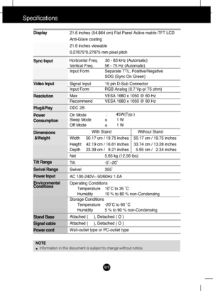 Page 20A19
Specifications      
NOTE
Information in this document is subject to change without notice.
Display
Sync Input
Video Input
Resolution
Plug&Play
Power
Consumption
Dimensions
&Weight
Tilt Range
Swivel Range
Power Input
Environmental
Conditions
Stand Base
Signal cable
Power cord 21.6 inches (54.864 cm) Flat Panel Active matrix-TFT LCD 
Anti-Glare coating 
21.6 inches viewable
0.27675*0.27675 mm pixel pitch
Horizontal Freq. 30 - 83 kHz (Automatic)
Vertical Freq. 56 - 75 Hz (Automatic)
Input Form Separate...