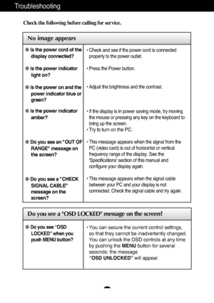 Page 20A19
Troubleshooting
No image appears
Check the following before calling for service.
No image appears
Do you see a OSD LOCKED message on the screen?
Is the power cord of the
display connected?
Is the power indicator
light on?
Is the power on and the
power indicator blue or
green?
Is the power indicator
amber?
Do you see an "OUT OF
RANGE" message on
the screen?
Do you see a "CHECK
SIGNAL CABLE"
message on the
screen?• Check and see if the power cord is connected
properly to the power...