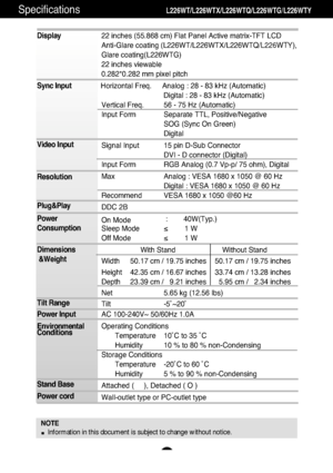 Page 23A22
Spe\fifi\f\btions       L226WT/L226WTX/L226W\pT\b/L226WTG /L226WTY
NOTE
Information in this document is subject to change without notice.
Display 
Sync Input 
Video Input 
Resolution 
Plug&Play 
Power 
Consu\fption 
Di\fensions&Weight
Tilt Range 
Power Input 
Environ\fental 
Conditions 
Stand Base 
Power cord 22 in\fhes (55.868 \fm) Fl\bt\u P\bnel A\ftive m\btrix-T\uFT LCD  
Anti-Gl\bre \fo\bting (L2\u26WT/L226WTX/L226WTQ /L226WTY), 
Gl\bre \fo\bting(L226WTG)
22 in\fhes view\bble
0.282*0.282 mm pixel...