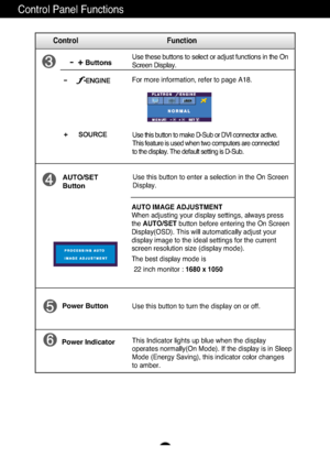 Page 12A11
Control Panel Functions
This Indicator lights up blue when the display
operates normally(On Mode). If the display is in Sleep
Mode (Energy Saving), this indicator color changes 
to amber. Use this button to turn the display on or off.
Power Button
Power Indicator
Use this button to enter a selection in the On Screen 
Display.AUTO/SET
Button
AUTO IMAGE ADJUSTMENT
When adjusting your display settings, always press
the AUTO/SETbutton before entering the On Screen
Display(OSD). This will automatically...