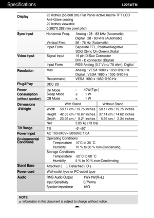 Page 24A23
Specifications                                                                   L226WTM
Display
Sync Input
Video Input
Resolution
Plug&Play
Power
Consumption
(without speaker)
Dimensions
&Weight
Tilt Range
Power Input
Environmental
Conditions
Stand Base 
Power cord 
22 inches (55.868 cm) Flat Panel Active matrix-TFT LCD 
Anti-Glare coating
22 inches viewable
0.282*0.282 mm pixel pitch
Horizontal Freq. Analog : 28 - 83 kHz (Automatic)
Digital : 28 - 83 kHz (Automatic)
Vertical Freq. 56 - 75 Hz...