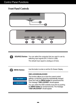 Page 12A11
You can select the computer that you want to use by
selecting input signal (DVI, D-Sub or USB). 
The default input signal is analogue (D-Sub).
Control Panel Functions
MENU ButtonUse this button to enter or exit the On Screen Display.
OSD LOCKED/UNLOCKED
This function allows you to lock the current control
settings, so that they cannot be inadvertently changed.
Press and hold the MENU buttonfor several seconds.
The message  "OSD LOCKED" should appear.
You can unlock the OSD controls at any...