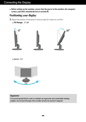 Page 6A5
Connecting the Display
Before setting up the monitor, ensure that the power to the monitor, the\
 computer
system, and other attached devices is turned off. 
Positioning your display
1.Adjust the position of the panel in various ways for maximum comfort.Tilt Range: -5˚~20˚ 
Ergonomic
It is recommended that in order to maintain an ergonomic and comfortable\
 viewing
position, the forward tilt angle of the monitor should not exceed 5 degr\
ees.
Swivel : 358˚   
358
 