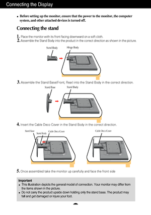 Page 4A3
Connecting the Display
ImportantThis illustration depicts the general model of connection. Your monitor \
may differ from
the items shown in the picture.
Do not carry the product upside down holding only the stand base. The pr\
oduct may
fall and get damaged or injure your foot.
Before setting up the monitor, ensure that the power to the monitor, the\
 computer
system, and other attached devices is turned off.
Connecting the stand 
1.Place the monitor with its front facing downward on a soft cloth....