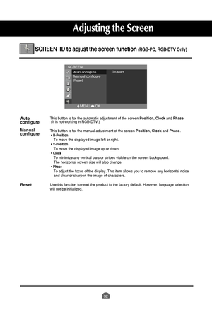 Page 32
32

SCREEN  ID to adjust the screen function (RGB-PC, RGB-DTV Only)
Auto 
configure
Manual
configure
Reset

SCREEN
Auto configure
Manual configure
ResetTo start
This button is for the automatic adjustment of the screen 
Position, Clock and Phase .
(It is not working in RGB-DTV.)
This button is for the manual adjustment of the screen  Position, Clock and Phase .
• H-PositionTo move the displayed image left or right.• V-PositionTo move the displayed image up or down.• ClockTo minimize any vertical bars or...