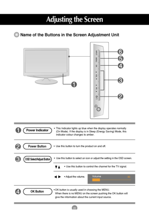 Page 2120
Name of the Buttons in the Screen Adjustment Unit
• Adjust the volume. •Use this button to control the channel for the TV signal.
•  Use thisbutton to select an icon or adjust the setting in the OSD screen.OSD Select/Adjust Button
Adjusting the Screen
Volume 
30
•  Use this button to turn the product on and off.Power Button
INPUT
MENUVOL
PR
OK
OK Button•OK button is usually used in choosing the MENU.
When there is no MENU on the screen pushing the OK button will
give the information about the current...