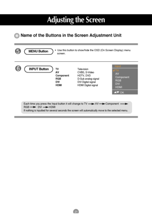 Page 2221
Adjusting the Screen
Name of the Buttons in the Screen Adjustment Unit
TVTelevision
AVCVBS, S-Video
ComponentHDTV, DVD
RGBD-Sub analog signal
DVI DVI Digital signal
HDMIHDMI Digital signalINPUT Button
Each time you press the Input button it will change to TV           AV          Component
RGB            DVI          HDMI
If nothing is inputted for several seconds the screen will automatically move to the selected menu. 
Input 
TV
AV
Component
RGB
DVI
HDMI
OK
•  Use this button to show/hide the OSD...