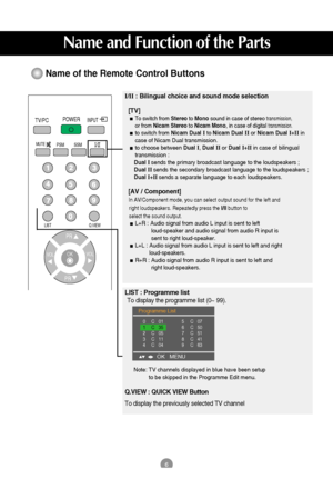 Page 76
I/II: Bilingual choice and sound mode selection
[TV]
To switch from Stereoto Monosound in case of stereo transmission,or from Nicam Stereoto Nicam Mono, in case of digital transmission.
to switch from Nicam DualIto Nicam Dual IIor Nicam Dual I+IIin
case of Nicam Dual transmission.
to choose between DualI, Dual IIor Dual I+IIin case of bilingual
transmission : 
Dual I sends the primary broadcast language to the loudspeakers ;
Dual II sends the secondary broadcast language to the loudspeakers ;
Dual I+II...