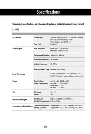 Page 4545
The product specifications can change without prior notice for product improvement.
[22 inch]
Specifications
Screen Type22 inches Wide (55.868 cm) TFT (Thin Film Transistor) 
LCD (Liquid Crystal Display) Panel
Visible diagonal size: 
55.868cm
Pixel Pitch0.282 mm
Max. Resolution RGB : 1680 X1050 @60 Hz 
DVI : 1680 X1050 @60 Hz 
Recommended Resolution1680 X1050 @60 Hz
Horizontal Frequency28 - 83 kHz
Vertical Frequency56 - 75 Hz
Synchronization TypeSeparate Sync, Digital
S-Video, Composite video, TV,...