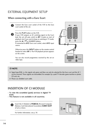 Page 1514
EXTERNAL EQUIPMENT SETUP
When connecting with a Euro Scart
Connect  the  Euro  scart  socket  of  the  VCR  to  the  Euro
scart socket of the set.
Press the P PL
LA
AY
Y
button on the VCR.
If  your  VCR  outputs  an  AV  switching  signal  via  the  Scart
lead,  the  set  will  auto  switch  to 
AV  1mode  on  start  of
playback, but if you want to keep on watching in TV mode,
press the 
D D/
/ 
 E
Eor NUMBER buttons.
If connected to A AV
V2
2 
 
Euro scart socket, select A AV
V2
2 
 
input
source....