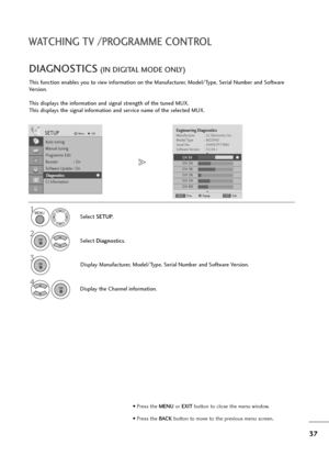Page 3837
WATCHING TV /PROGRAMME CONTROL
This function enables you to view information on the Manufacturer, Model/Type, Serial Number and Software
Version.
This displays the information and signal strength of the tuned MUX.
This displays the signal information and service name of the selected MUX.
DIAGNOSTICS(IN DIGITAL MODE ONLY)
Select SETUP.
2
Select Diagnostics.
4
Display the Channel information.
3
Display Manufacturer, Model/Type, Serial Number and Software Version.
SETUPMoveOK
Auto tuning
Manual tuning...