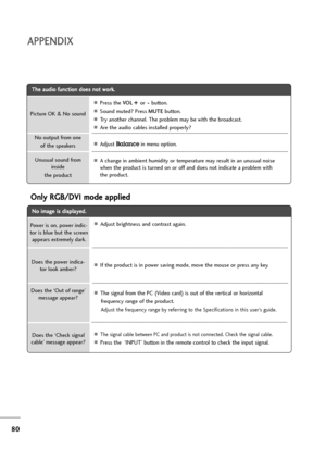 Page 8180
APPENDIX
T Th
he
e 
 a
au
ud
di
io
o 
 f
fu
un
nc
ct
ti
io
on
n 
 d
do
oe
es
s 
 n
no
ot
t 
 w
wo
or
rk
k.
.
APress the VO L+ + 
 
or- -
button.
ASound muted? Press MUTEbutton.
ATry another channel. The problem may be with the broadcast.
AAre the audio cables installed properly?
AAdjust Balancein menu option.
AA change in ambient humidity or temperature may result in an unusual noise
when the product is turned on or off and does not indicate a problem with
the product. Picture OK & No sound
Unusual...