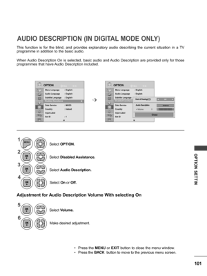 Page 101101
OPTION  SETTIN
This  function  is  for  the  blind,  and  provides  explanatory  audio  describing  the  current  situation  in  a  TV 
programme in addition to the basic audio.
When Audio  Description  On  is  selected,  basic  audio  and Audio  Description  are  provided  only  for  those 
programmes that have Audio Description included.
Adjustment for Audio Description Volume With selecting On
AUDIO DESCRIPTION (IN DIGITAL MODE ONLY)
1
2
5 34
6
MENU
Select On  or Off.
Make desired adjustment....