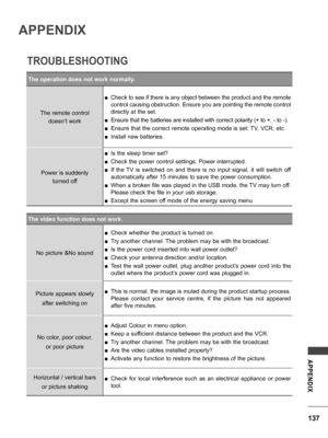 Page 137137
APPENDIX
APPENDIX
TROUBLESHOOTING
The operation does not work normally.The remote controldoesn’t work
 ■Check to see if there is any object between the product and the remote 
control causing obstruction. Ensure you are pointing the remote control 
directly at the set.
 ■Ensure that the batteries are installed with correct polarity (+ to +, - to -).
 ■Ensure that the correct remote operating mode is set: TV, VCR, etc.
 ■Install new batteries.
Power is suddenly turned off
 ■Is the sleep timer set?...